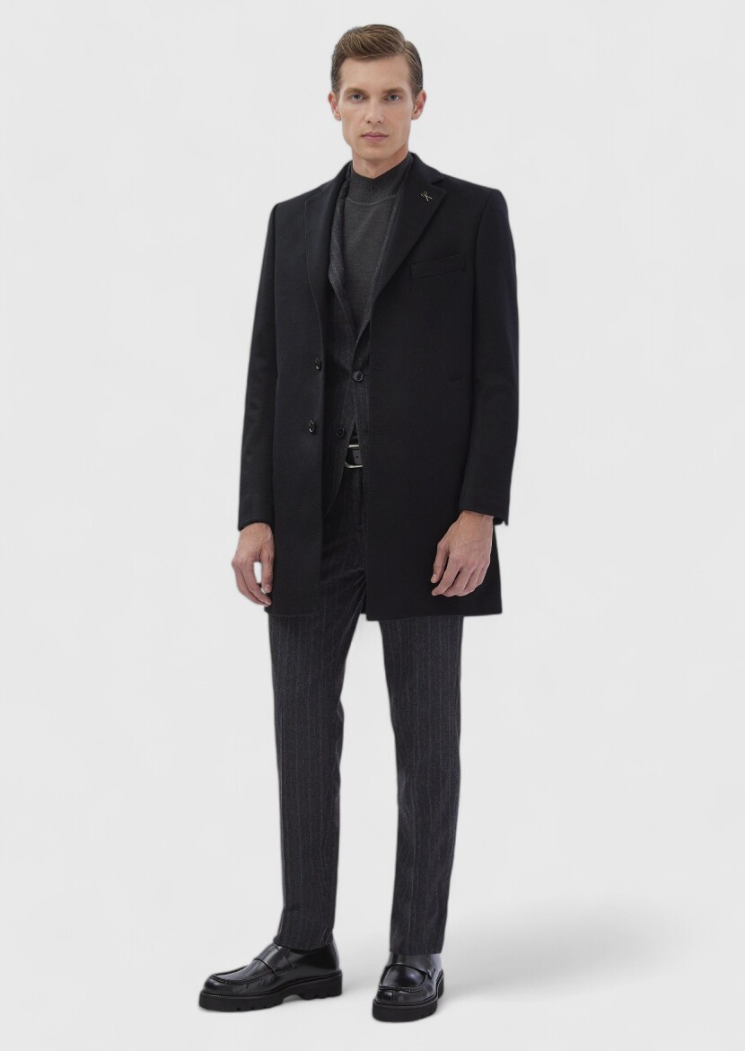 Black Regular Fit Classical Weaving Overcoat - 5