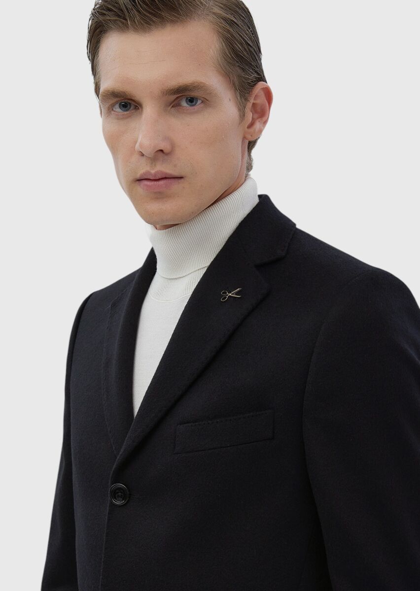 Black Regular Fit Classical Weaving Overcoat - 6