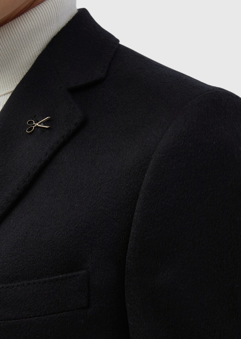 Black Regular Fit Classical Weaving Overcoat - 7