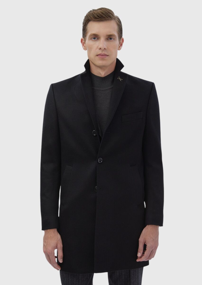 Black Regular Fit Classical Weaving Overcoat - 8