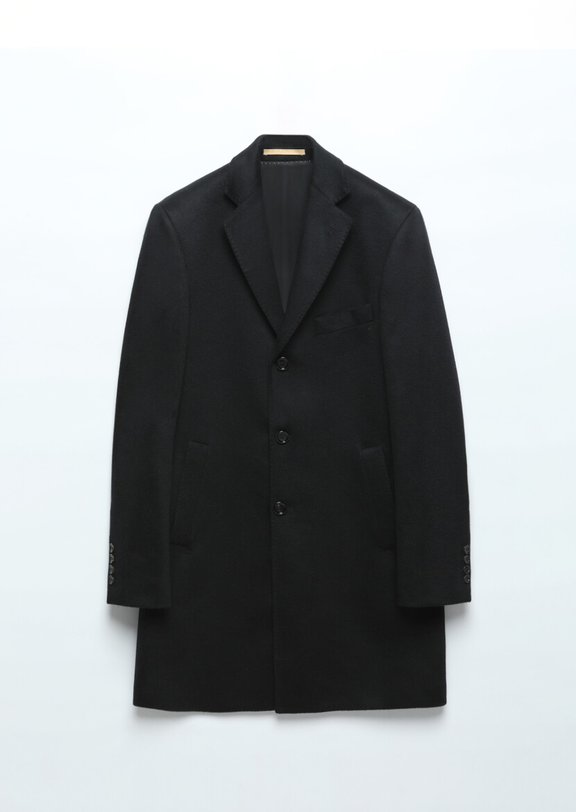Black Regular Fit Classical Weaving Overcoat - 11