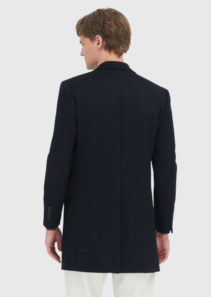 Black Regular Fit Classical Weaving Overcoat - 6