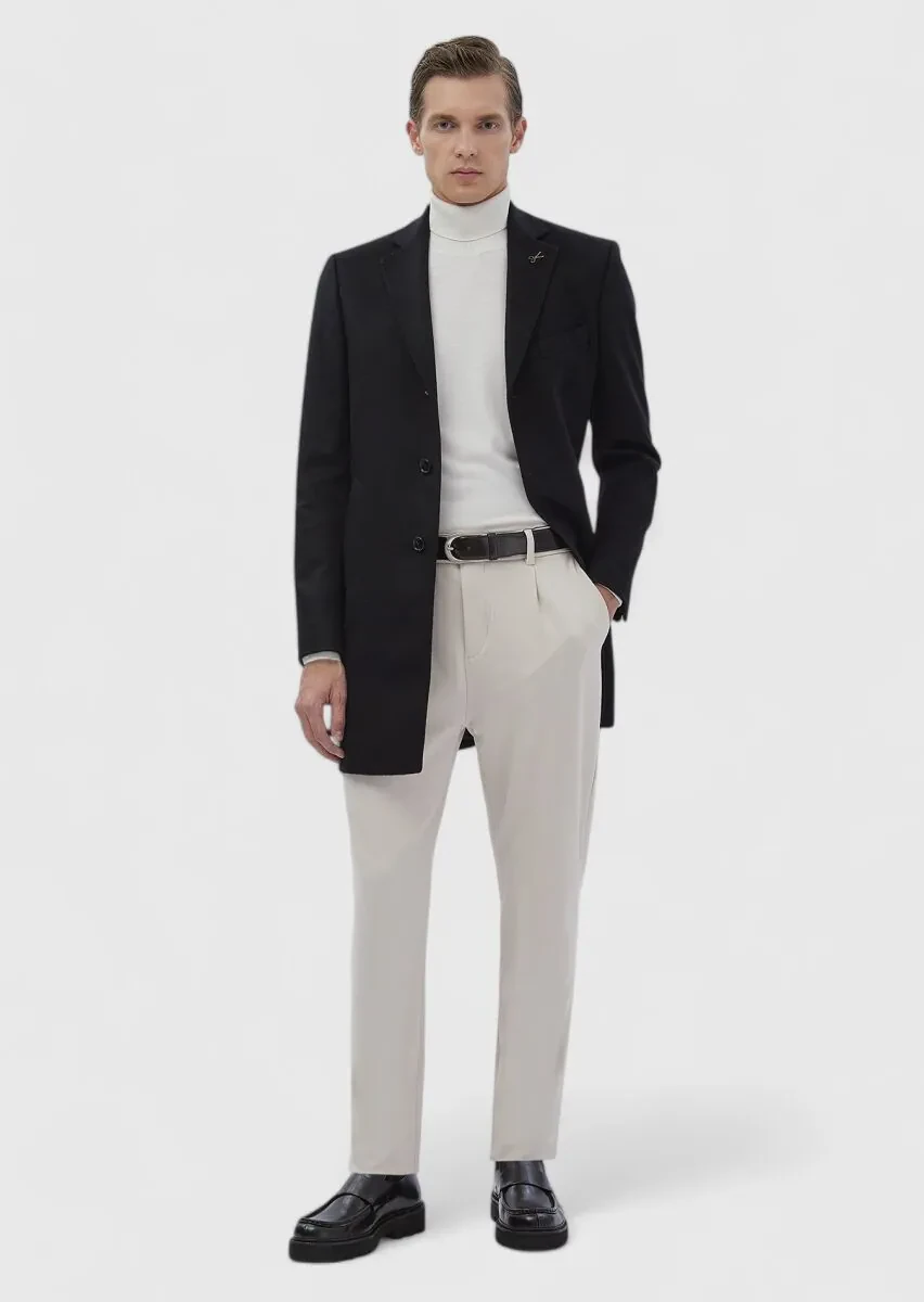 Black Regular Fit Classical Weaving Overcoat - 3