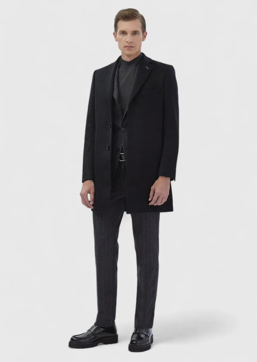 Black Regular Fit Classical Weaving Overcoat - 5