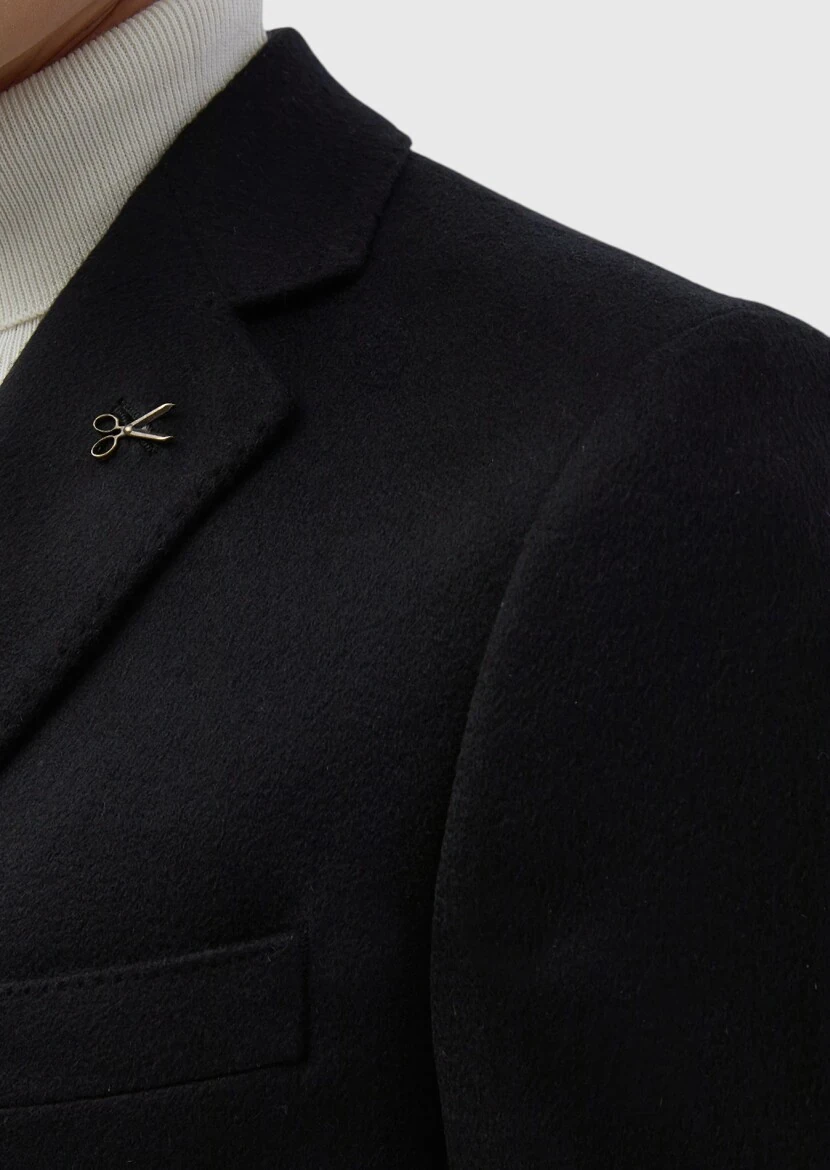 Black Regular Fit Classical Weaving Overcoat - 7