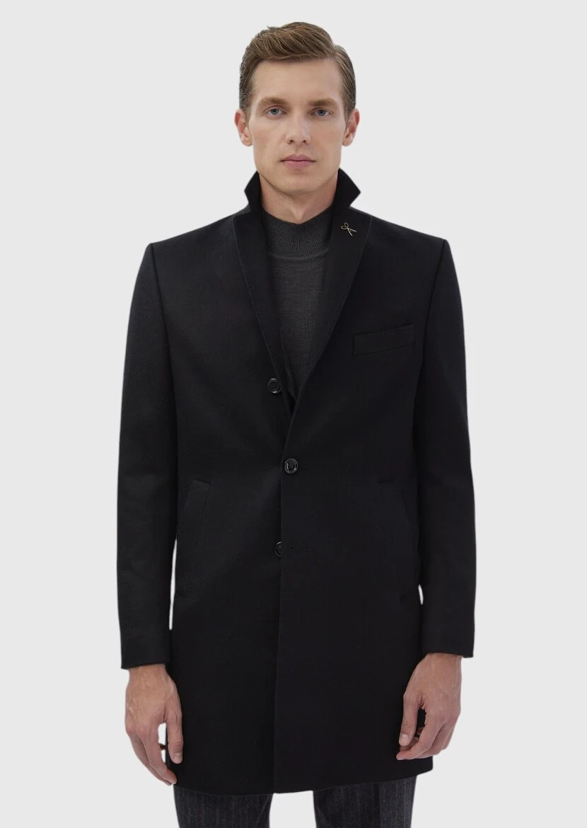 Black Regular Fit Classical Weaving Overcoat - 8
