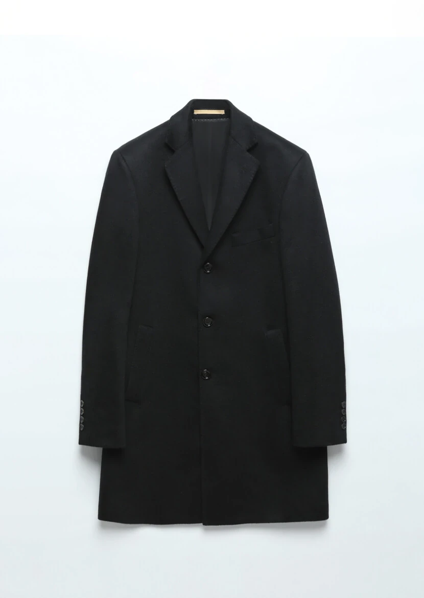 Black Regular Fit Classical Weaving Overcoat - 11