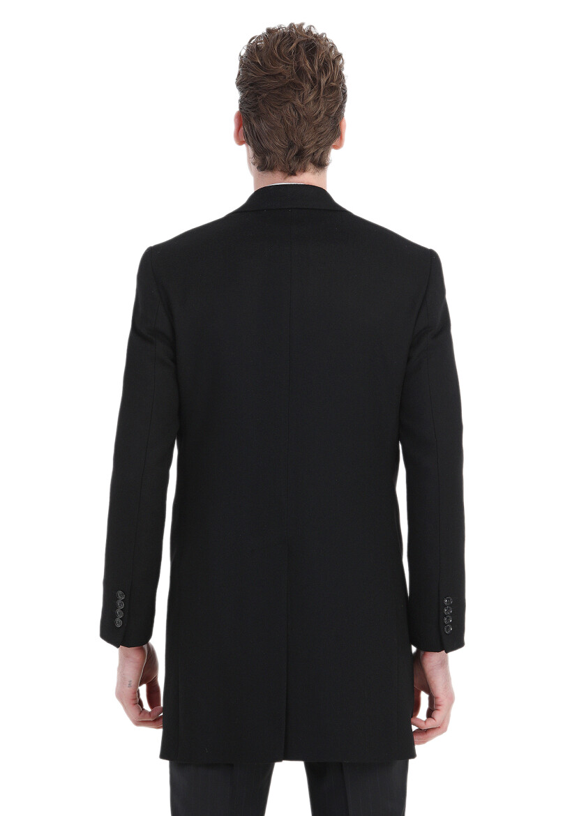 Black Regular Fit Classical Weaving Overcoat - 7