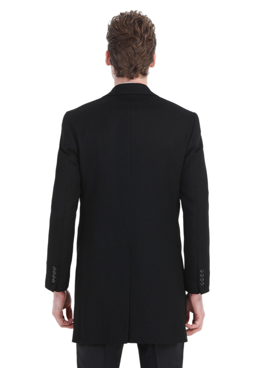 Black Regular Fit Classical Weaving Overcoat - 7