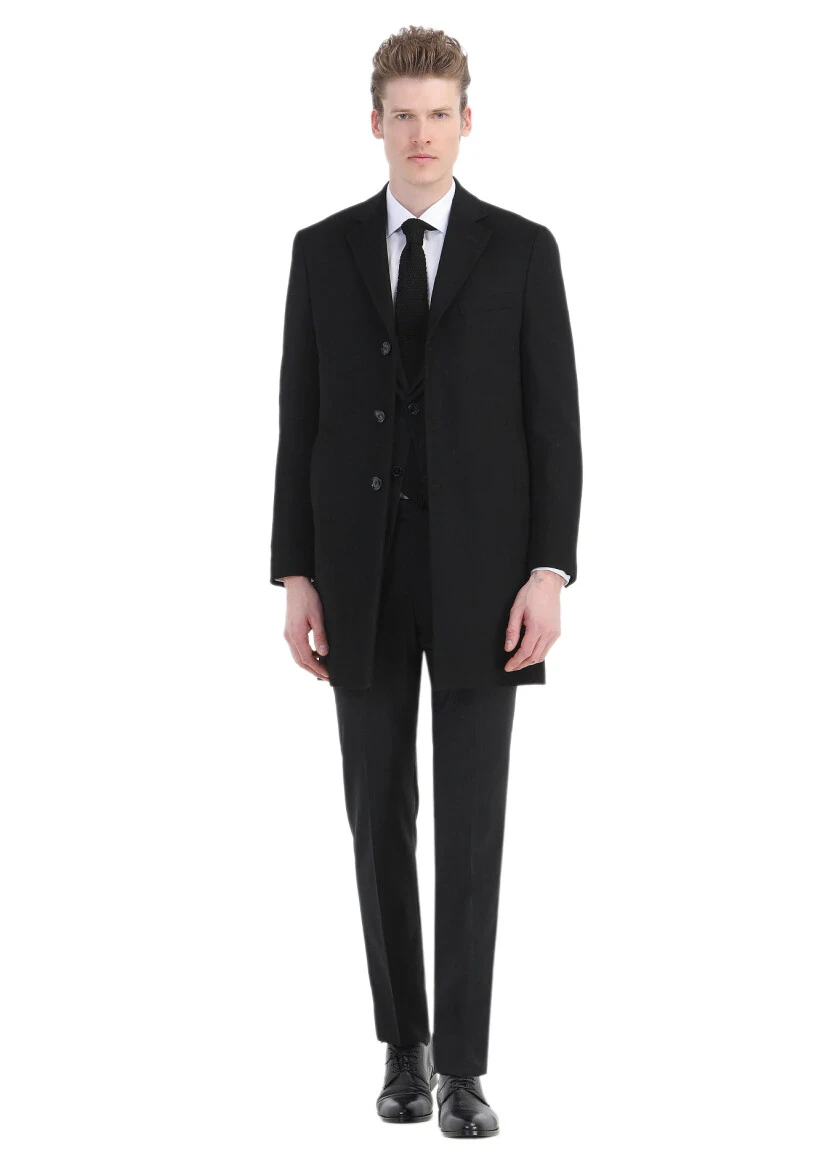 Black Regular Fit Classical Weaving Overcoat 
