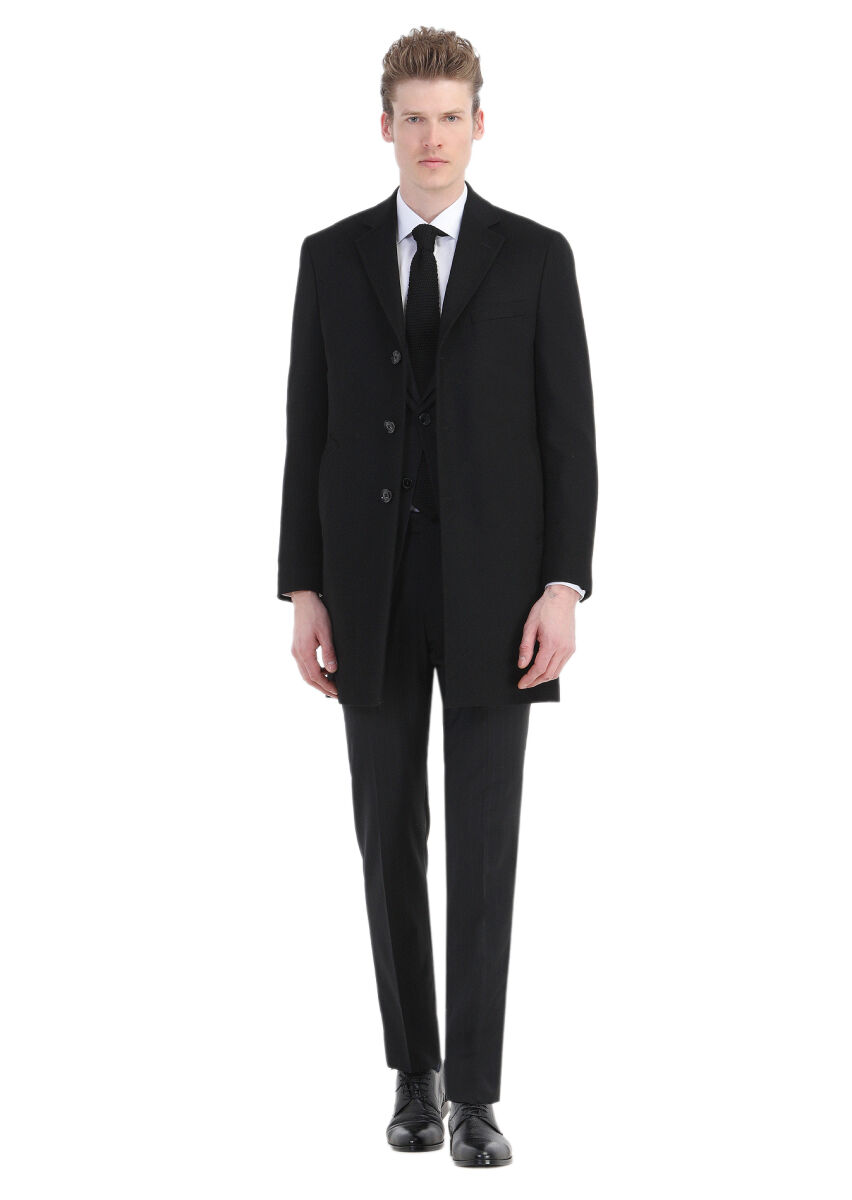Black Regular Fit Classical Weaving Overcoat - 2