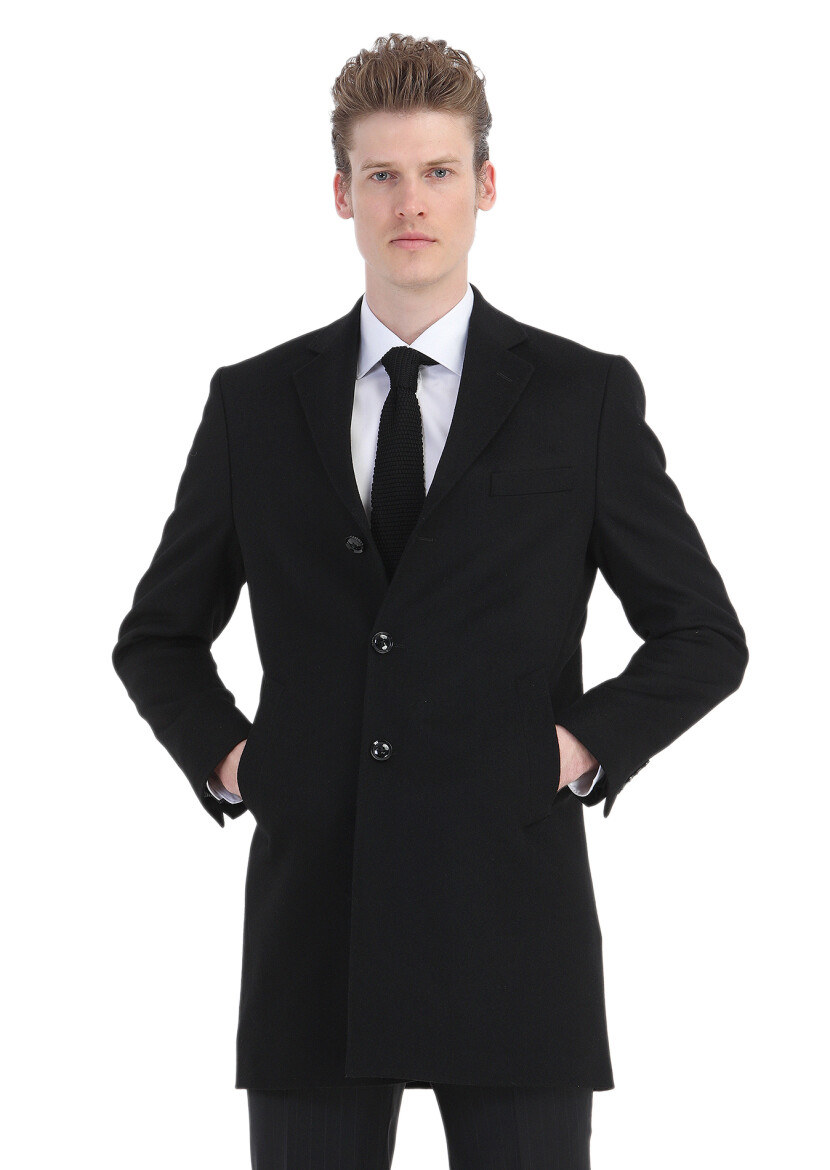Black Regular Fit Classical Weaving Overcoat - 3