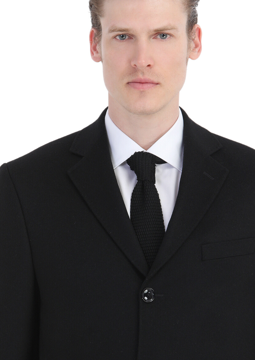 Black Regular Fit Classical Weaving Overcoat - 4
