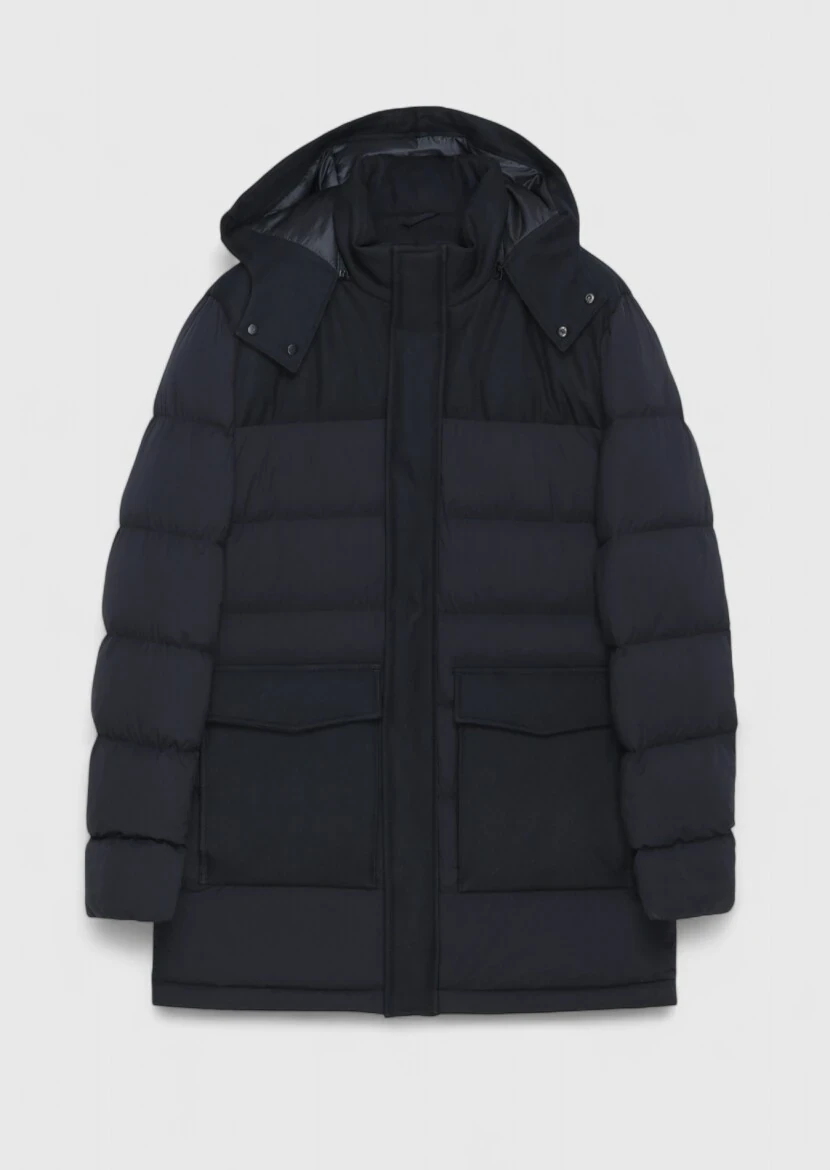 Black Regular Fit Classical Weaving Removable Hood Coat 