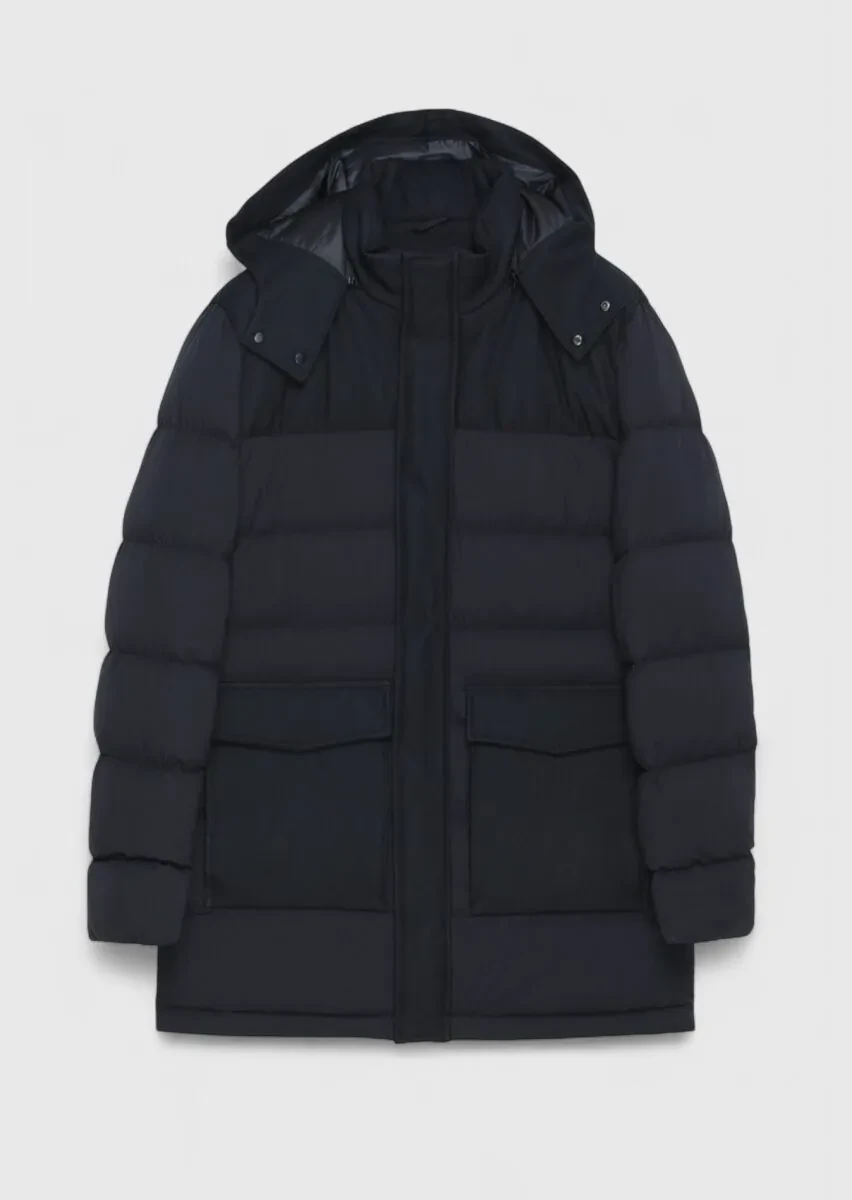 Black Regular Fit Classical Weaving Removable Hood Coat - 1