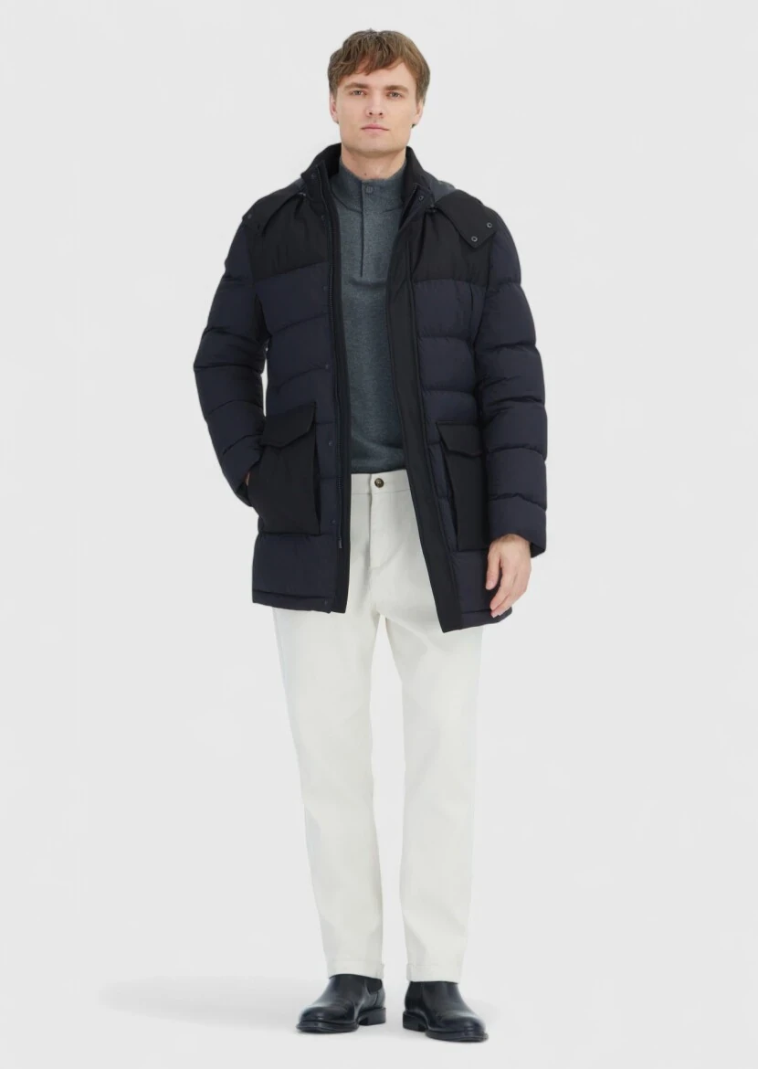 Black Regular Fit Classical Weaving Removable Hood Coat - RAMSEY