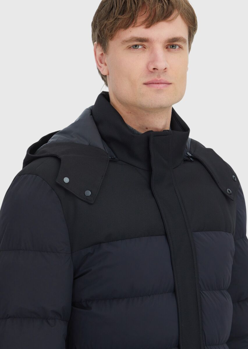 Black Regular Fit Classical Weaving Removable Hood Coat - 3