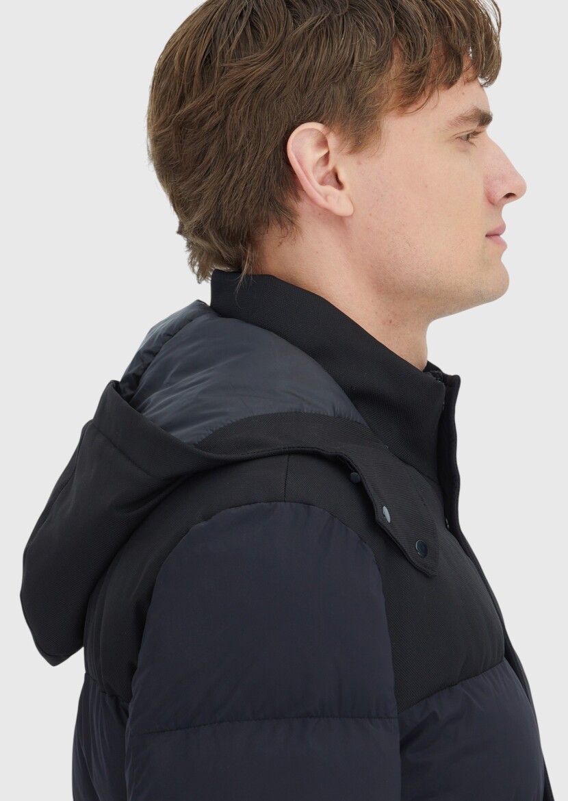 Black Regular Fit Classical Weaving Removable Hood Coat - 4