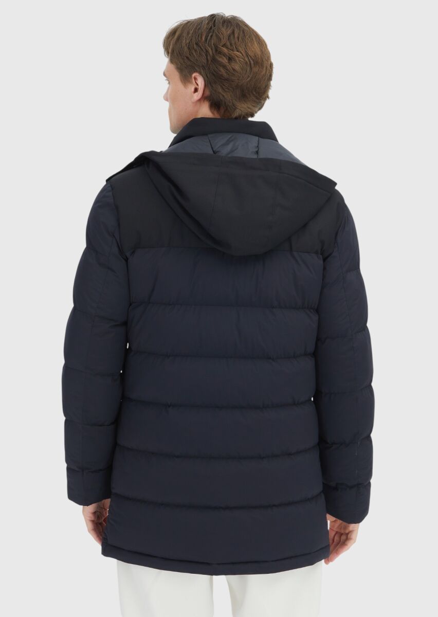 Black Regular Fit Classical Weaving Removable Hood Coat - 7