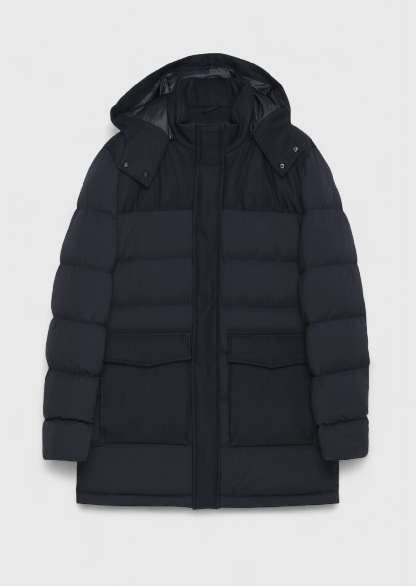 Black Regular Fit Classical Weaving Removable Hood Coat - 8