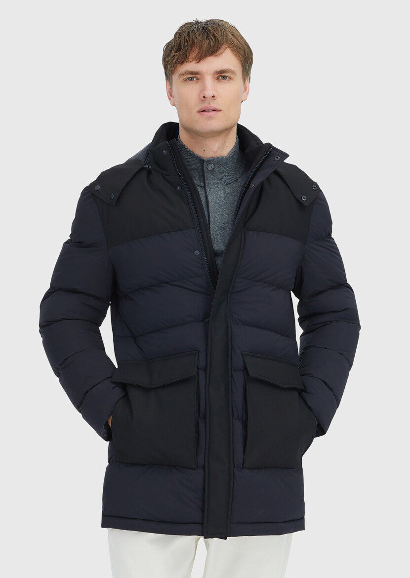 Black Regular Fit Classical Weaving Removable Hood Coat - RAMSEY