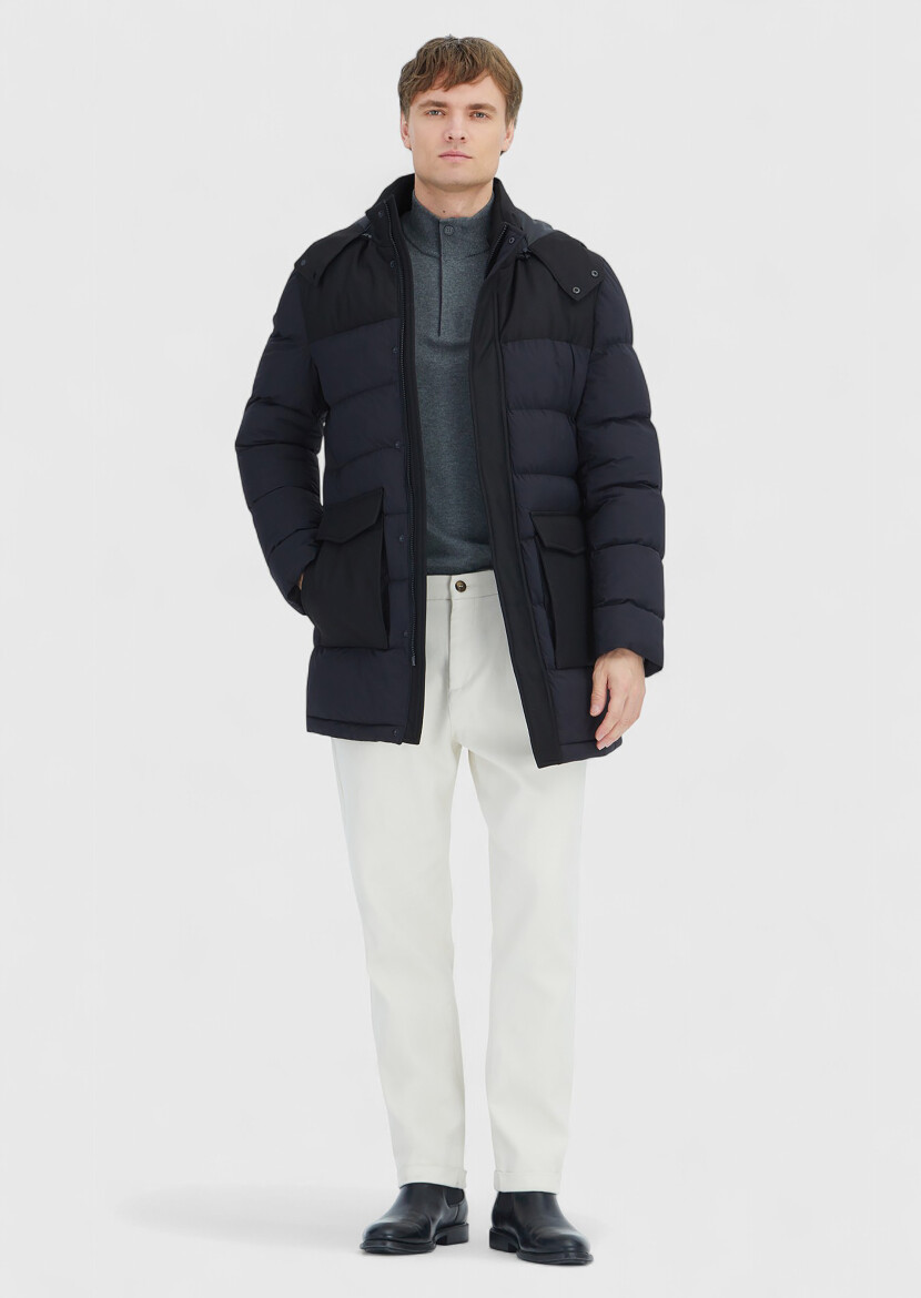 Black Regular Fit Classical Weaving Removable Hood Coat - RAMSEY