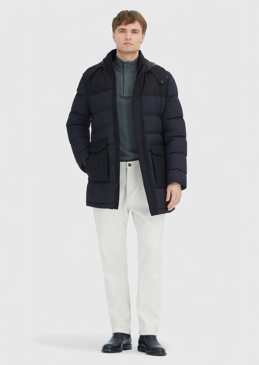 Black Regular Fit Classical Weaving Removable Hood Coat - 2