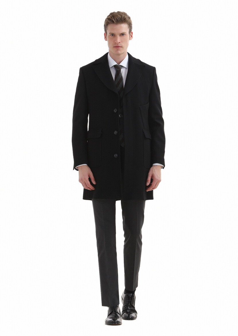 Black Regular Fit Double Breasted Collar Casual Weaving Overcoat - 1