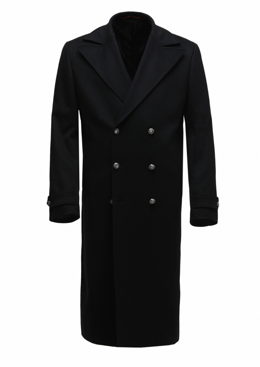 Black Regular Fit Double Breasted Collar Casual Weaving Overcoat - 1