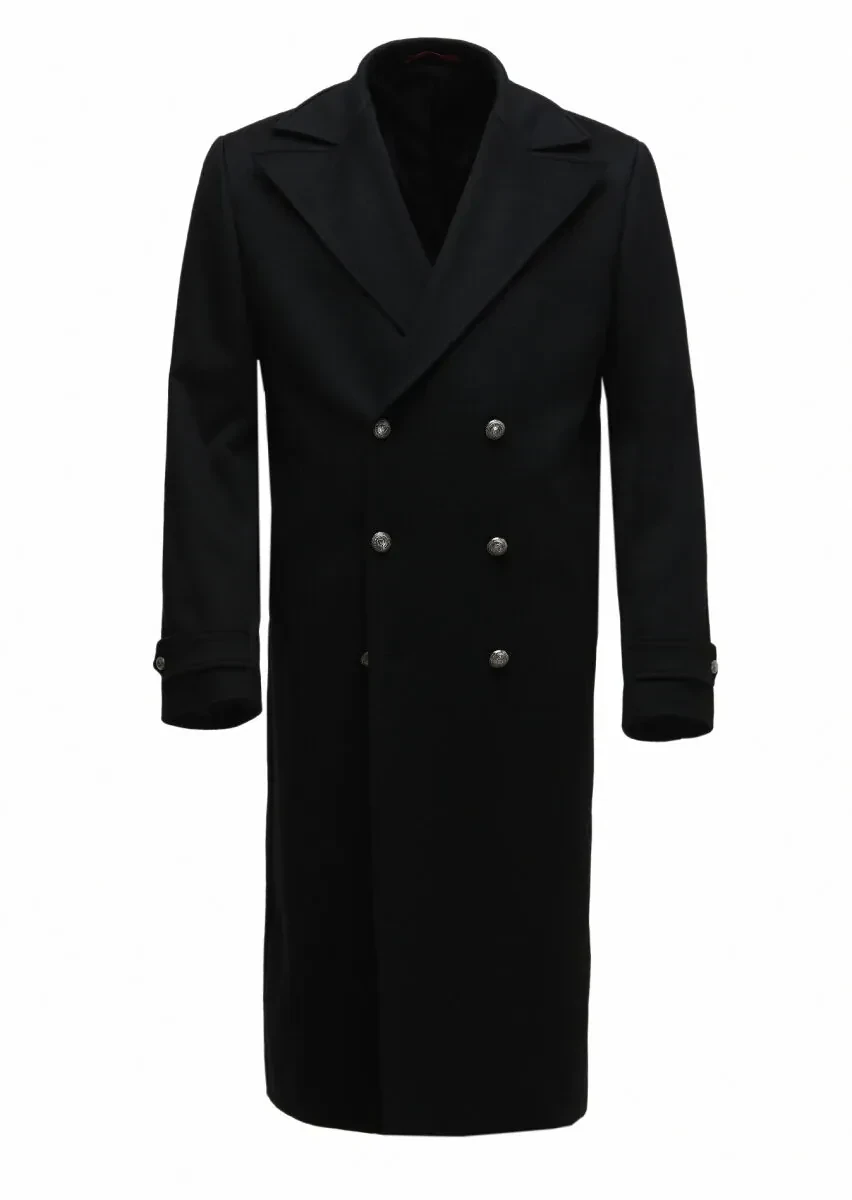 Black Regular Fit Double Breasted Collar Casual Weaving Overcoat - 1