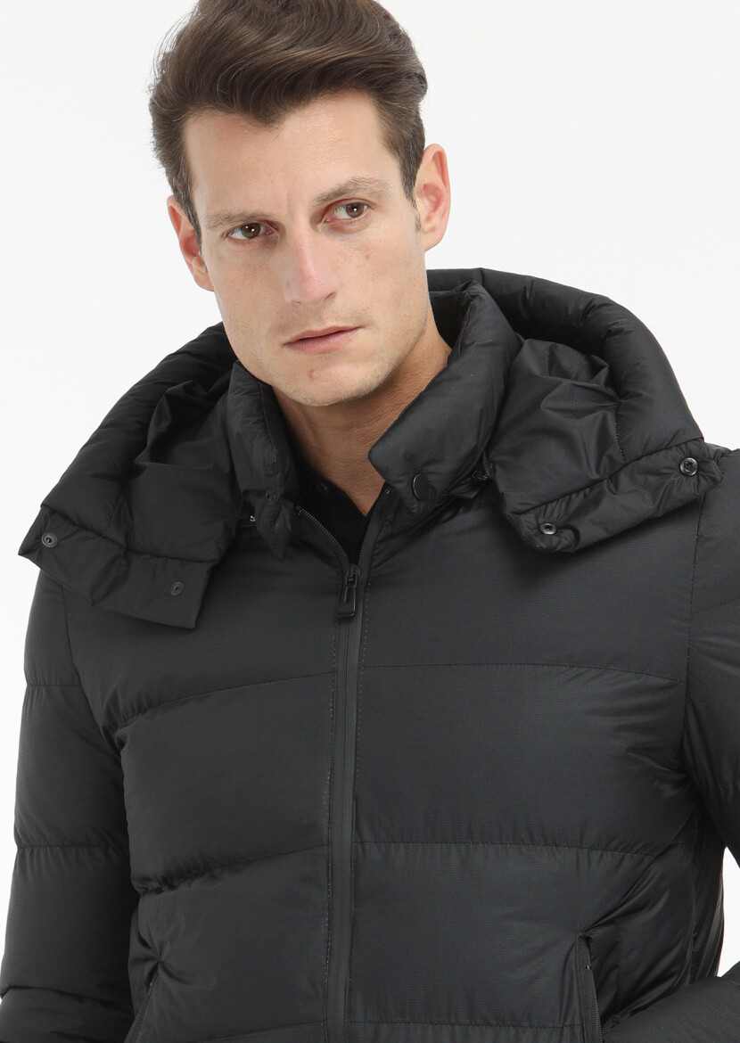Black Regular Fit Hooded Casual Weaving Coat - 3