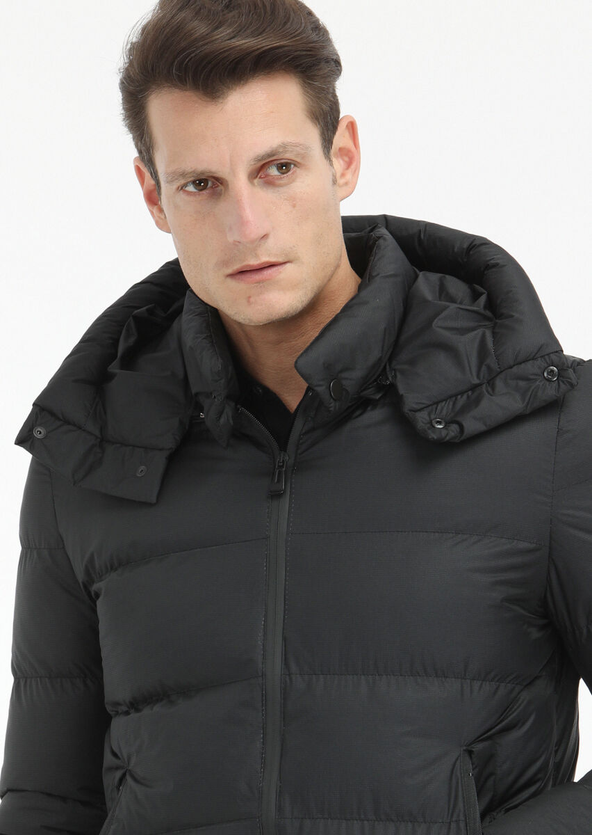 Black Regular Fit Hooded Casual Weaving Coat - 3