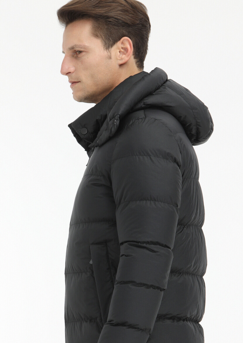 Black Regular Fit Hooded Casual Weaving Coat - 4