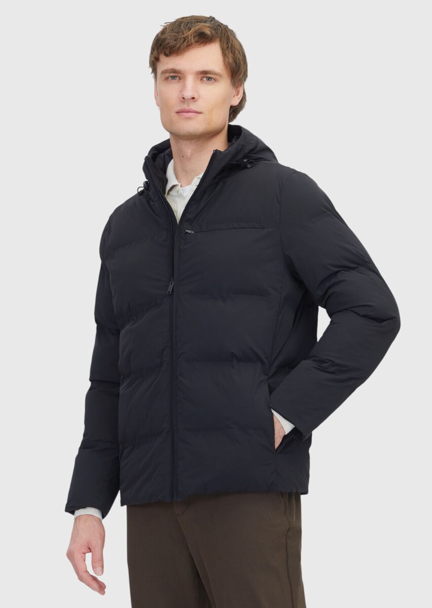 Black Regular Fit Hooded Casual Weaving Coat - 1