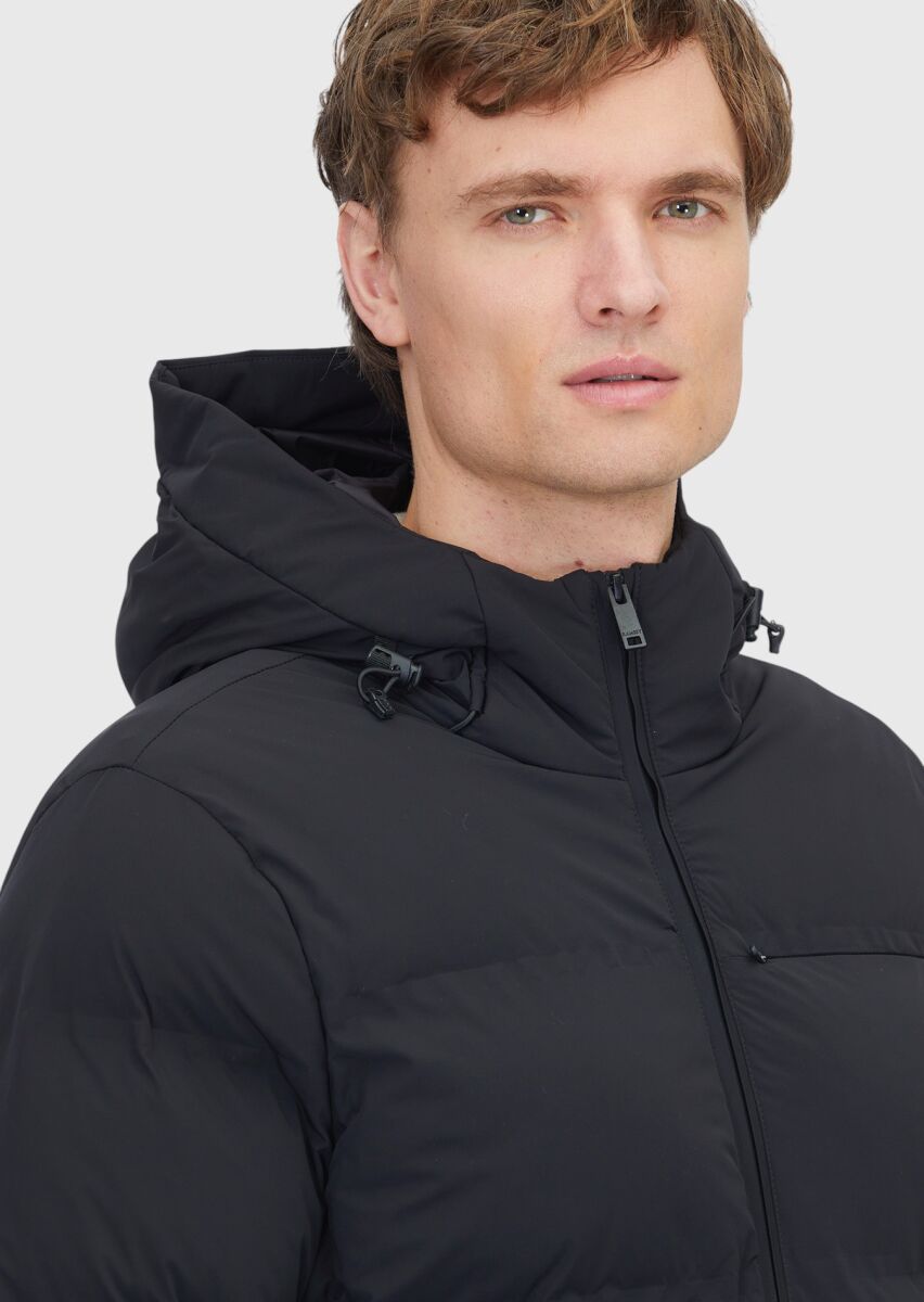 Black Regular Fit Hooded Casual Weaving Coat - 3