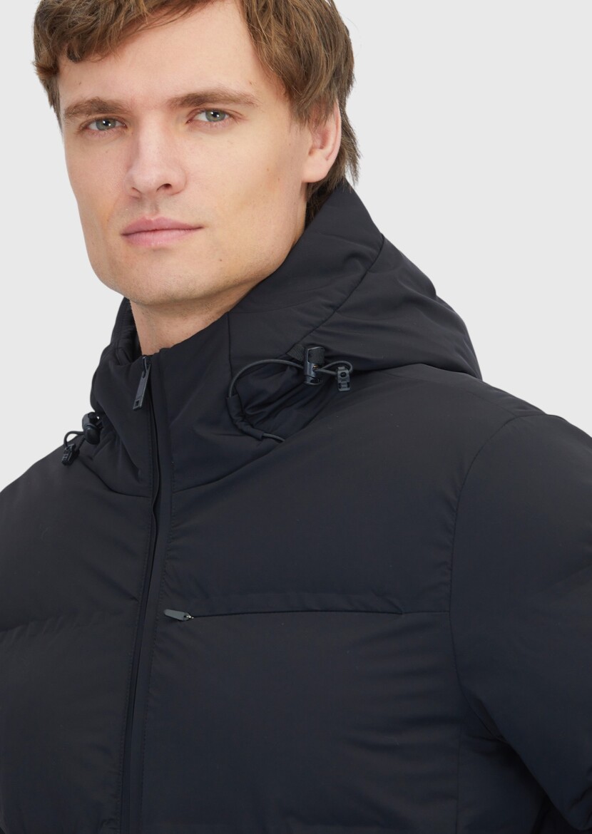 Black Regular Fit Hooded Casual Weaving Coat - 4