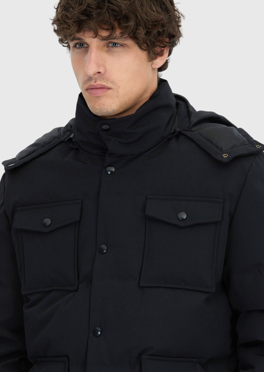 Black Regular Fit Hooded Casual Weaving Coat - 3