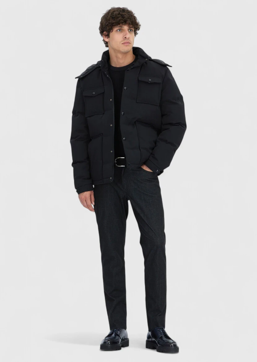 Black Regular Fit Hooded Casual Weaving Coat - 2