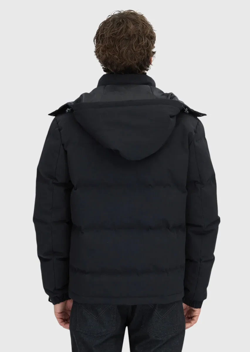 Black Regular Fit Hooded Casual Weaving Coat - 6