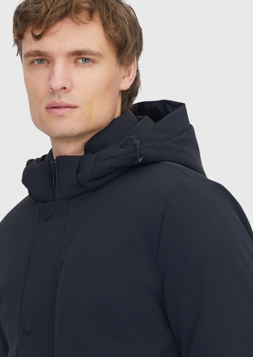 Black Regular Fit Hooded Casual Weaving Coat - 3