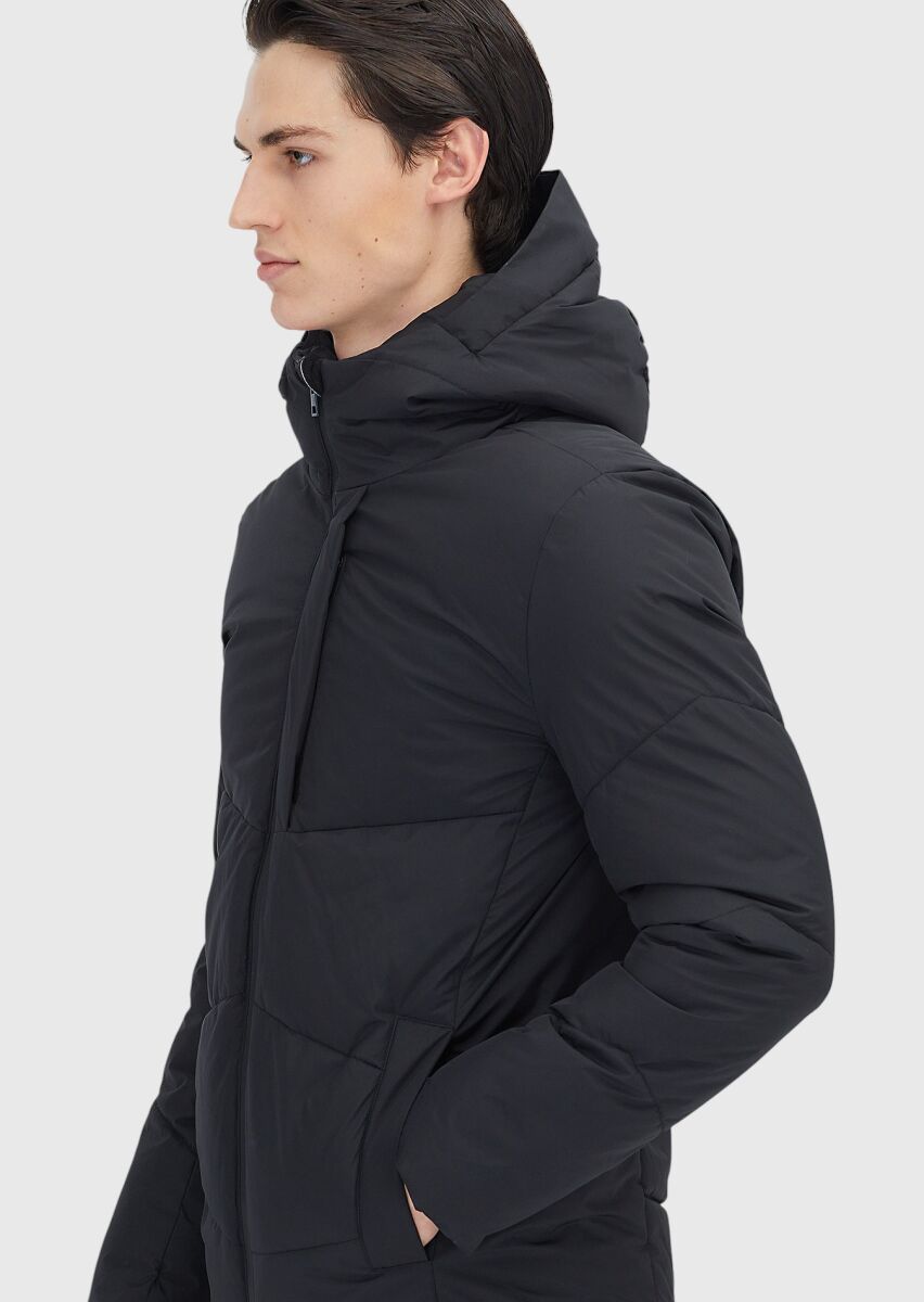 Black Regular Fit Hooded Casual Weaving Coat - 4