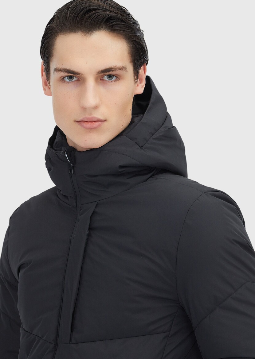 Black Regular Fit Hooded Casual Weaving Coat - 5