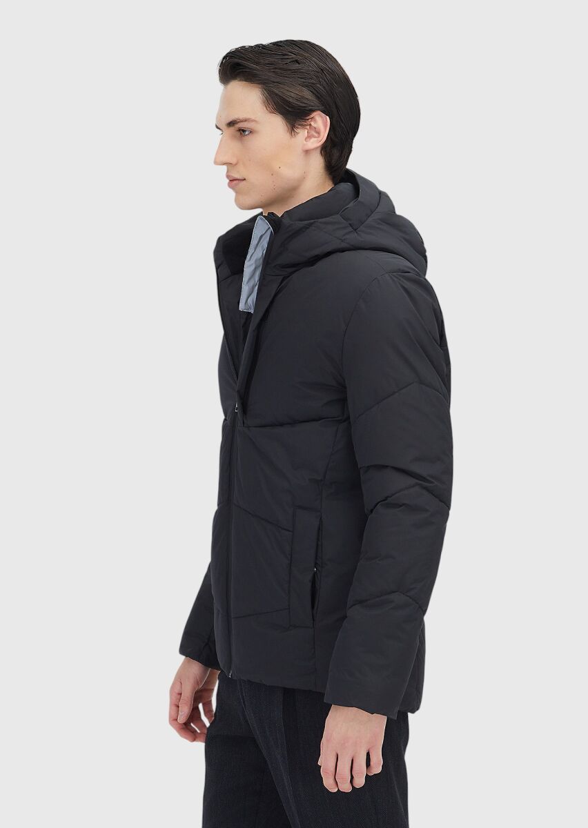 Black Regular Fit Hooded Casual Weaving Coat - 3