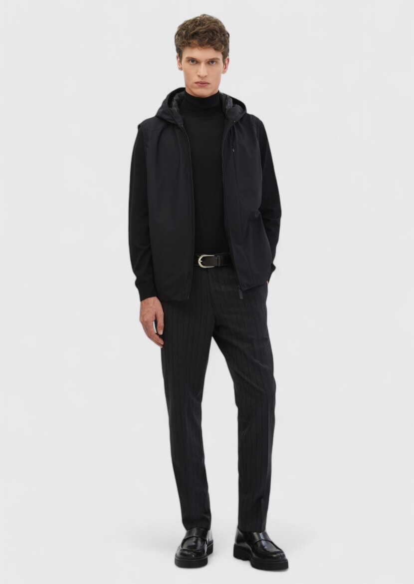 Black Regular Fit Hooded Casual Weaving Puffer Vest - RAMSEY