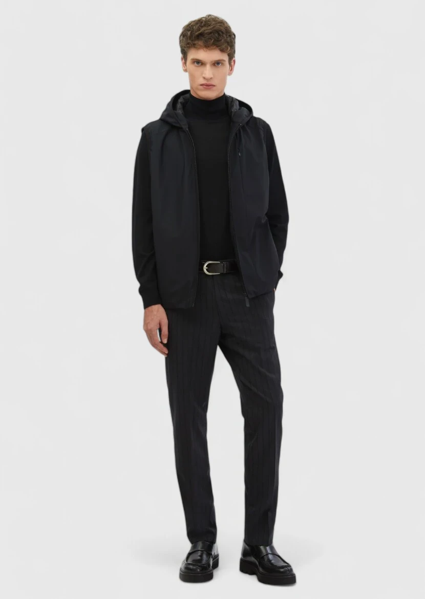 Black Regular Fit Hooded Casual Weaving Puffer Vest - RAMSEY