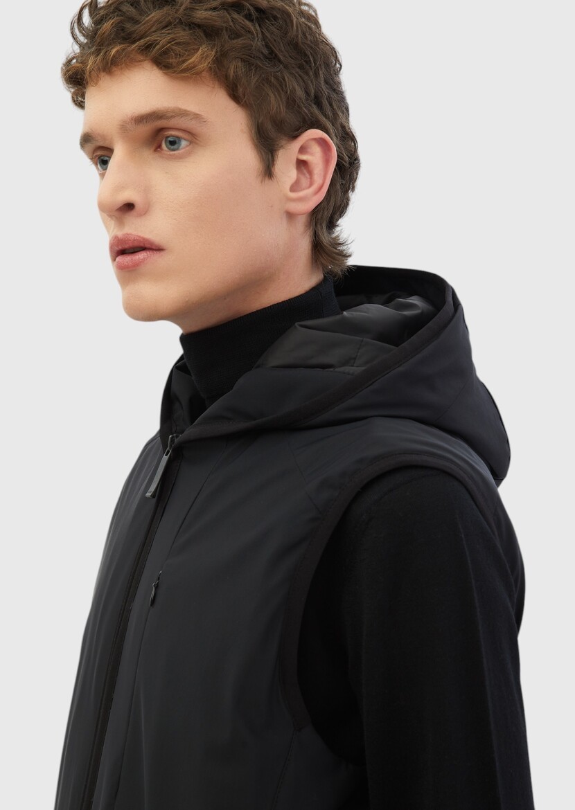 Black Regular Fit Hooded Casual Weaving Puffer Vest - 4