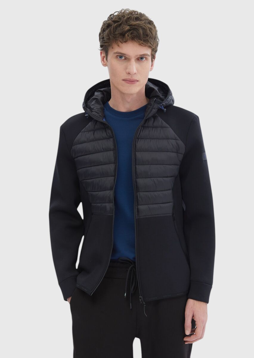 Black Regular Fit Hooded Denim Weaving Coat - 3