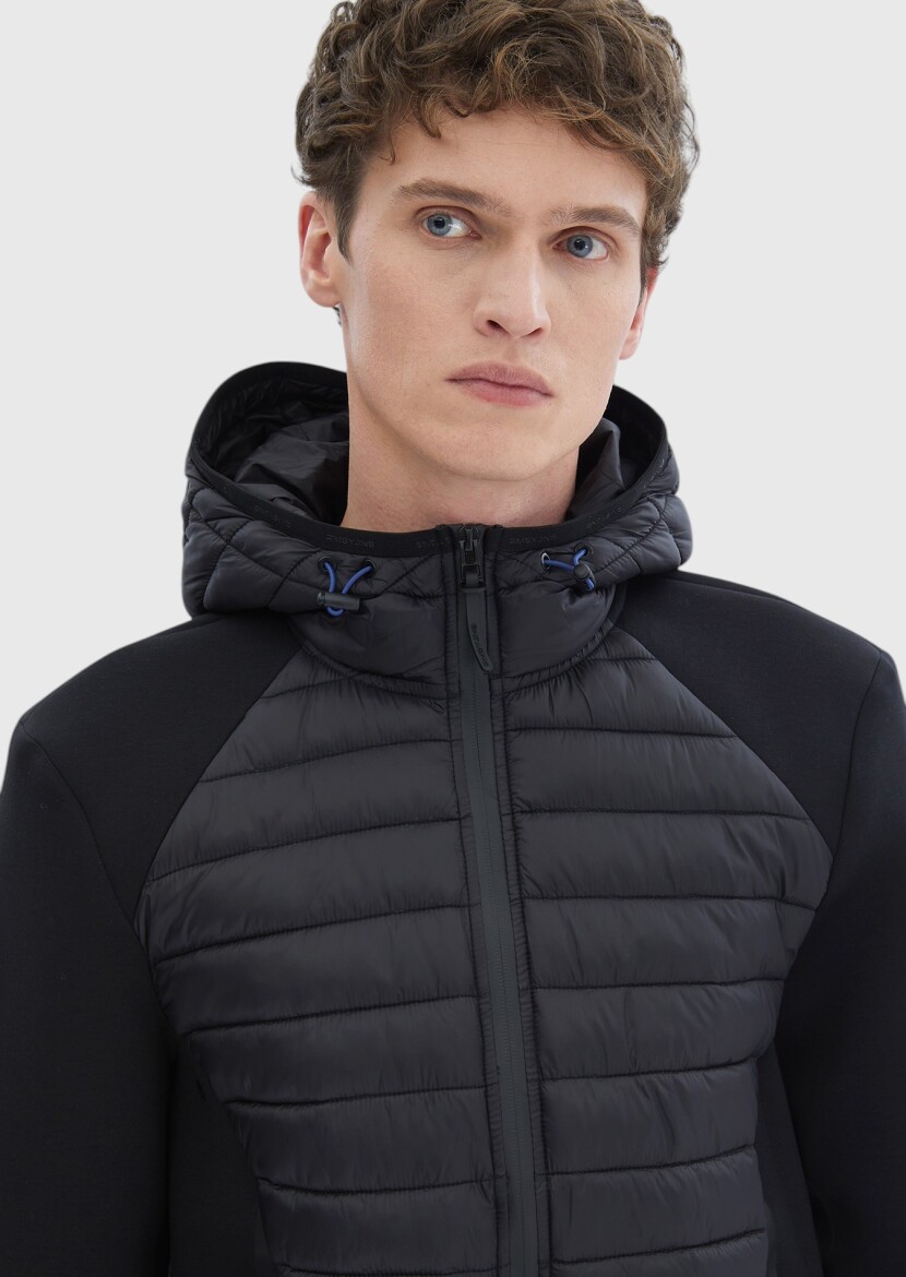 Black Regular Fit Hooded Denim Weaving Coat - 5