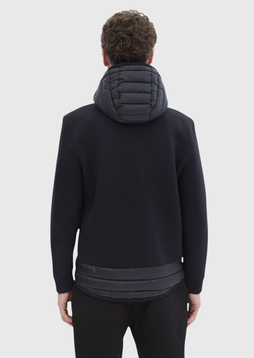 Black Regular Fit Hooded Denim Weaving Coat - 7