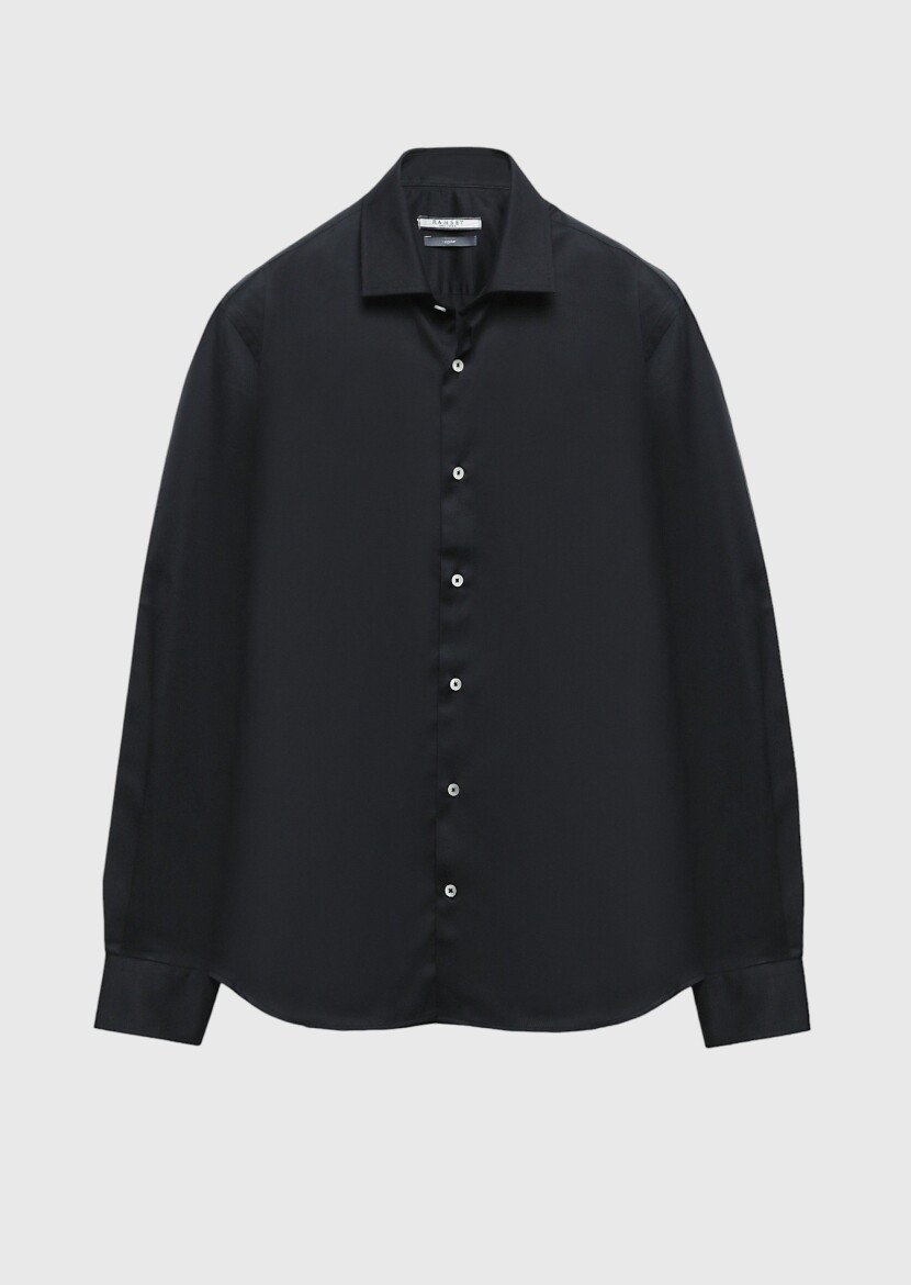 Black Regular Fit Long Weaving Classical 100% Cotton Shirt - 6